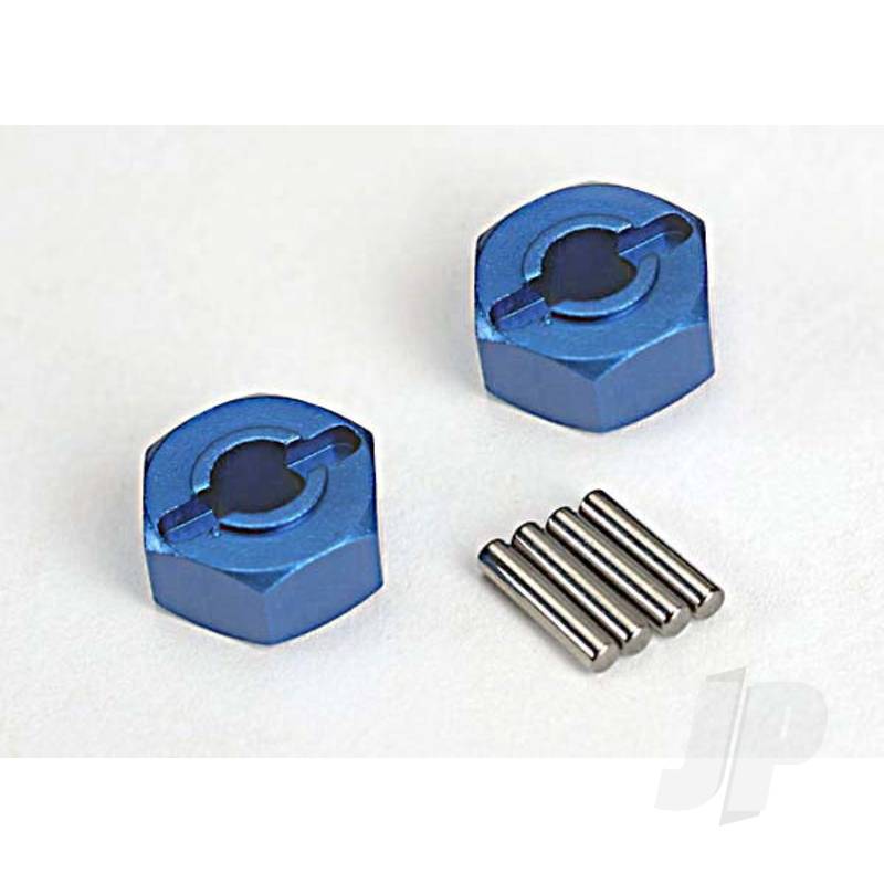 Wheel Hubs, hex (Blue-anodised, lightweight aluminium) (2 pcs) / axle pins (4 pcs)