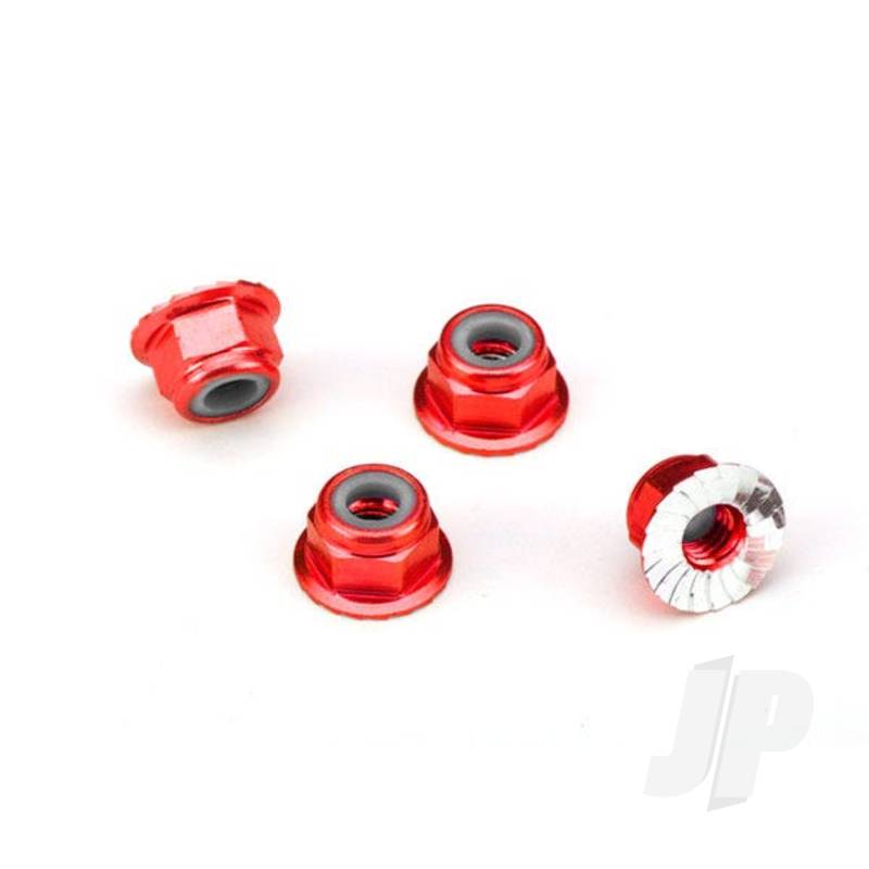 Nuts, aluminium, flanged, serrated (4mm) (Red-anodised) (4 pcs)