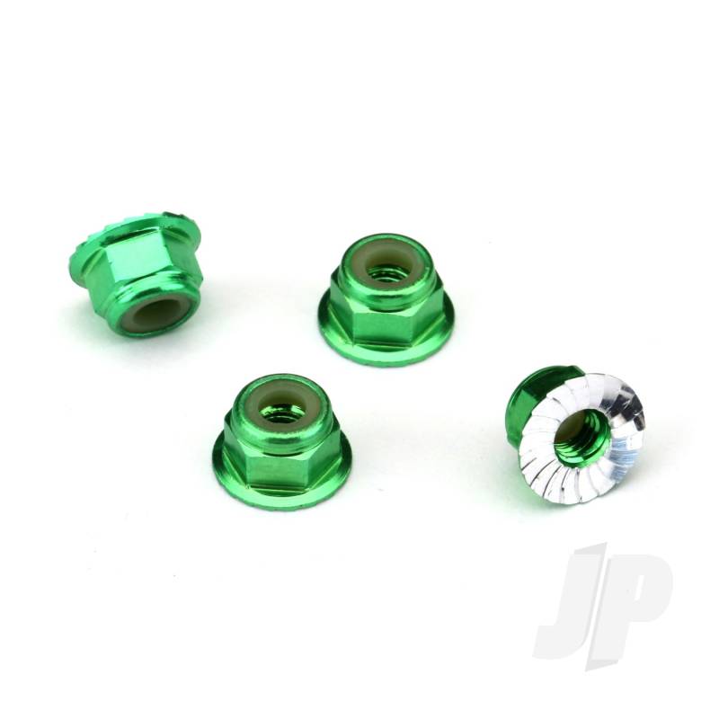 Nuts, aluminium, flanged, serrated (4mm) (Green-anodised) (4 pcs)