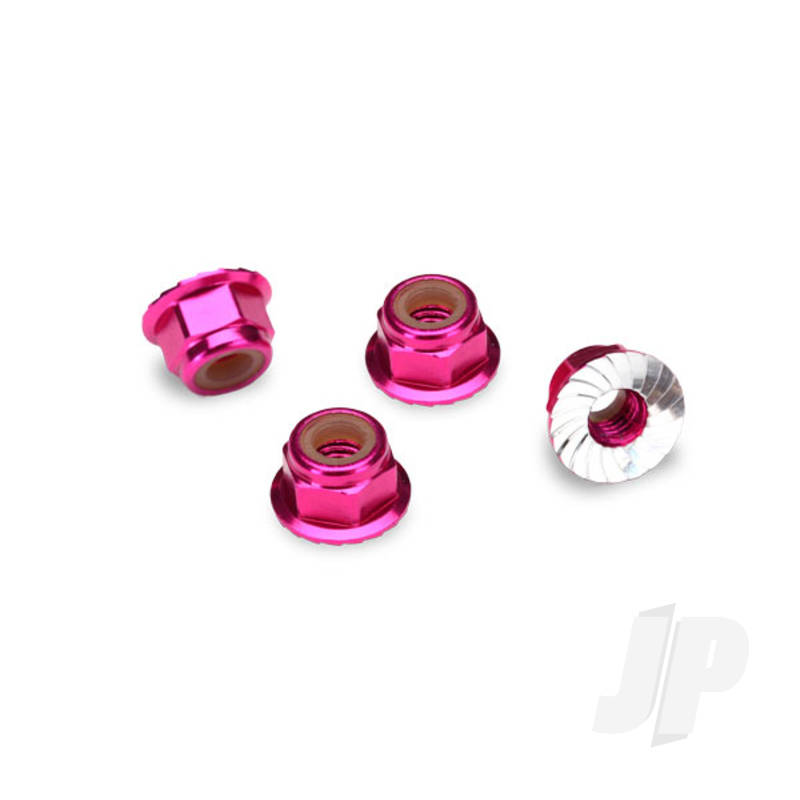 Nuts, aluminium, flanged, serrated (4mm) (pink-anodised) (4 pcs)