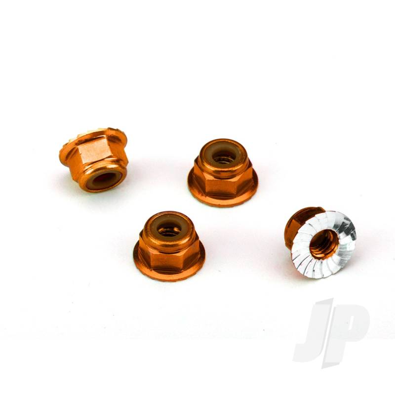 Nuts, aluminium, flanged, serrated (4mm) (orange-anodised) (4)