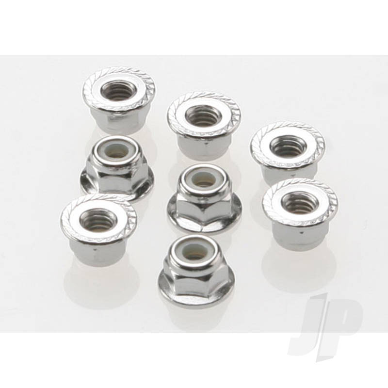 Nuts, 4mm flanged nylon locking (Steel, serrated) (8 pcs)