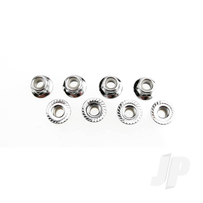 Nuts, 5mm flanged nylon locking (Steel, serrated) (8 pcs)