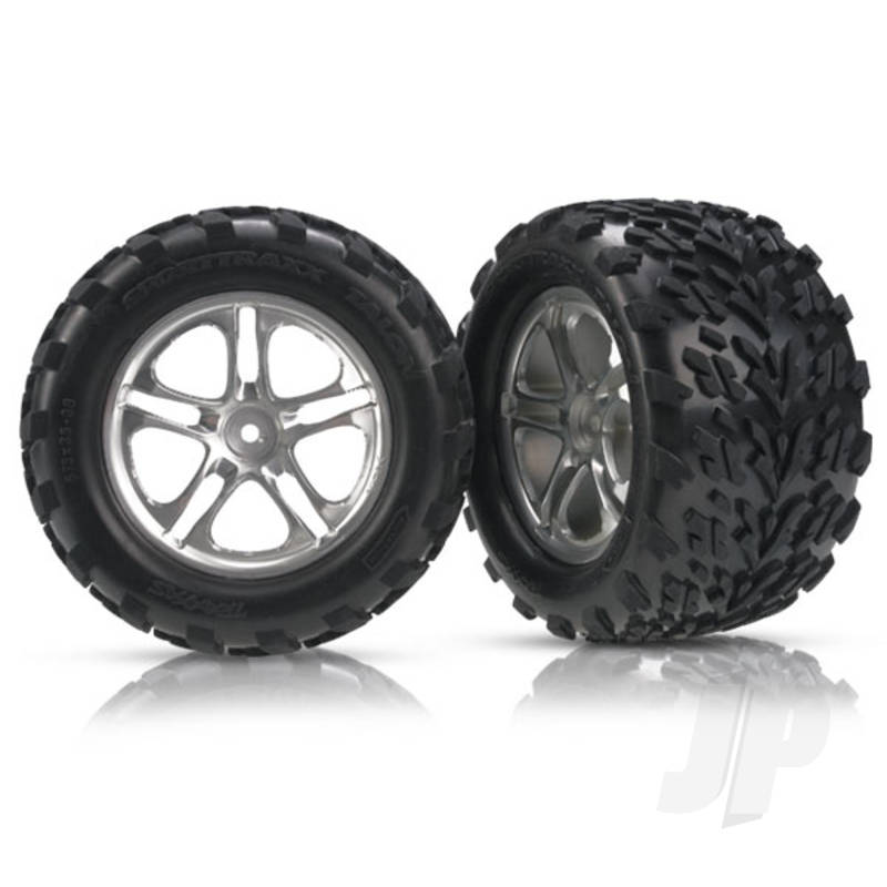 Tyres & wheels, assembled, glued (Split-Spoke satin-finish wheels, Talon Tyres, foam inserts) (2) (fits Revo / T-Maxx / E-Maxx with 6mm axle and 14mm hex)