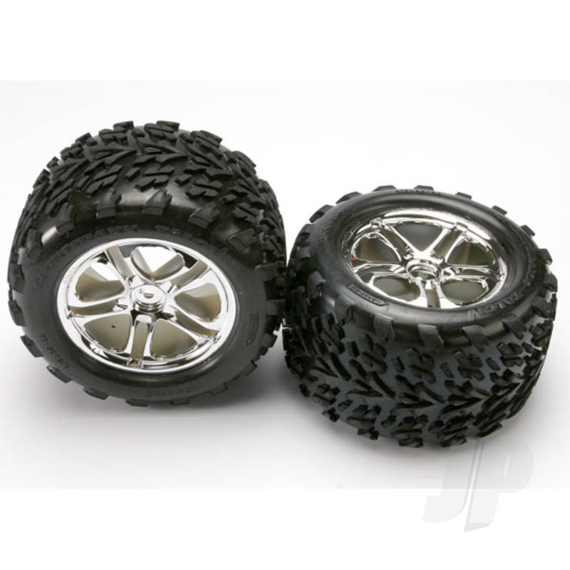 Tyres & wheels, assembled, glued (SS (Split Spoke) chrome wheels, Talon Tyres, foam inserts) (2) (fits Revo / T-Maxx / E-Maxx with 6mm axle and 14mm hex)