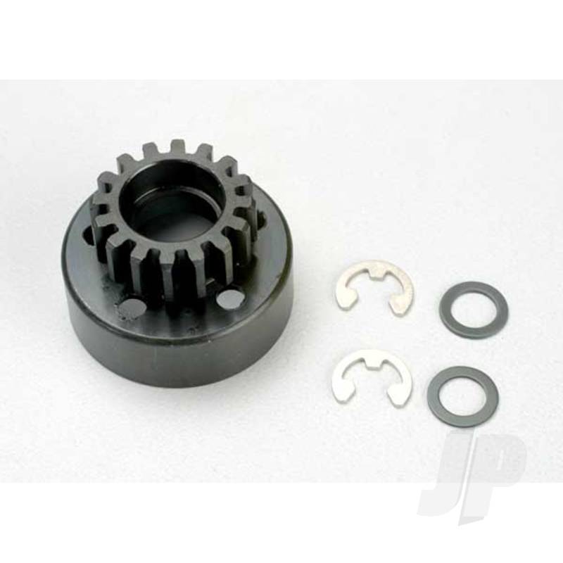 Clutch bell (16-tooth) / 5x8x0.5mm fiber washer (2 pcs) / 5mm e-clip (requires 5x11x4mm ball bearings part #4611) (1.0 metric pitch)