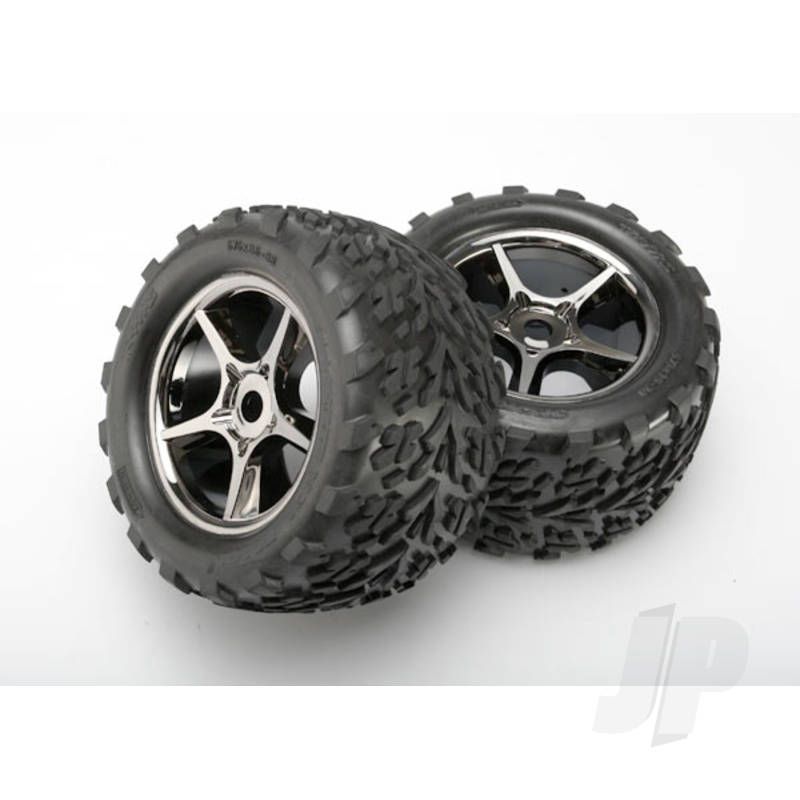 Tyres & wheels, assembled, glued (Gemini black chrome wheels, Talon Tyres, foam inserts) (2) (use with 17mm splined wheel hubs & nuts, part #5353X) (TSM rated)