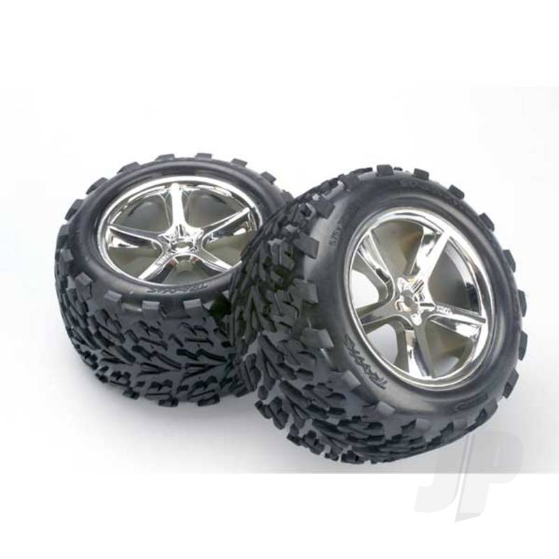 Tyres & wheels, assembled, glued (Gemini chrome wheels, Talon Tyres, foam inserts) (2) (fits Revo / T-Maxx / E-Maxx with 6mm axle and 14mm hex)