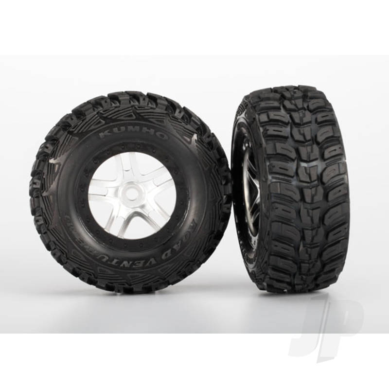 Tyres & wheels, assembled, glued (S1 ultra-soft off-road racing compound) (SCT Split-Spoke satin chrome, black beadlock style wheels, dual profile (2.2