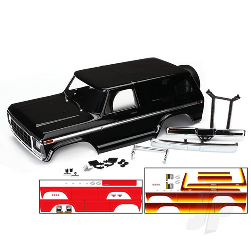 Body, Ford Bronco, complete (black) (includes Front and Rear bumpers, push bar, Rear Body mount, grille, side mirrors, door handles, windshield wipers, spare Tyre mount, Red and sunset decals) (requires #8072 inner fenders)