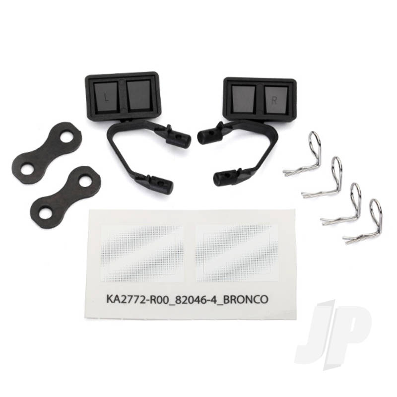Mirrors, side, black (left & right) / retainers (2 pcs) / Body clips (4 pcs) (fits #8010 Body)