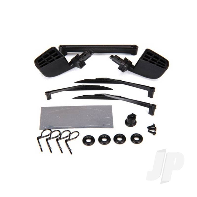 Mirrors, side, black (left & right) / o-rings (4 pcs) / windshield wipers, left, right, & Rear / wiper retainers (2 pcs) / Body clips (4 pcs) / 1.6x5 BCS (self-tapping) (3 pcs)