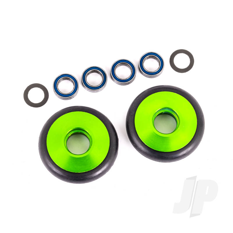 Wheels, wheelie bar, 6061-T6 aluminium (green-anodised) (2)/ 5x8x2.5mm ball bearings (4)/ o-rings (2)/ 5x8x0.3mm TW (2)
