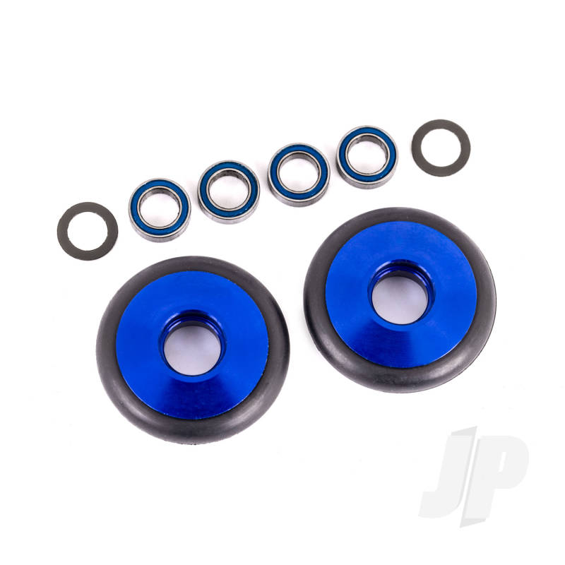 Wheels, wheelie bar, 6061-T6 aluminium (blue-anodised) (2)/ 5x8x2.5mm ball bearings (4)/ o-rings (2)/ 5x8x0.3mm TW (2)
