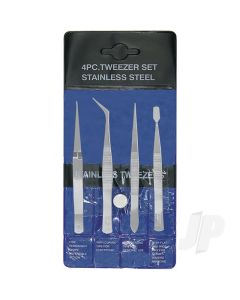 4-Piece Stainless Steel Tweezer Set with Pointed, Self Closing, Stamp, Curved (4 pcs) (Pouch)