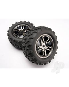 Tyres & wheels, assembled, glued (SS (Split Spoke) black chrome wheels, Maxx Tyres (6.3" outer diameter), foam inserts) (2) (use with 17mm splined wheel hubs & nuts, part #5353X) (fits Revo / T-Maxx / E-Maxx) (TSM rated)