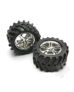 Tyres & wheels, assembled, glued (SS (Split-Spoke) chrome wheels, Maxx Chevron Tyres, foam inserts) (2) (fits Revo/T-Maxx/E-Maxx with 6mm axle and 14mm hex)