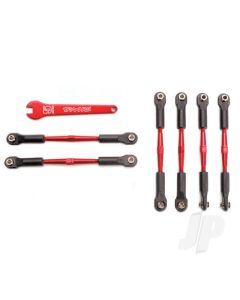 Turnbuckles, aluminium (Red-anodised), camber links, 58mm (4 pcs) / Front toe links, 61mm (2 pcs) (assembled with rod ends and hollow balls) / aluminium 5mm wrench (Red-anodised)