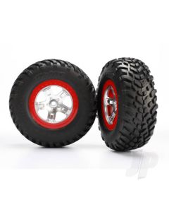 Tyres & wheels, assembled, glued (SCT satin chrome red beadlock wheels, ultra-soft S1 compound off-road racing Tyres, inserts) (2) (2WD rear, 4WD f / r)