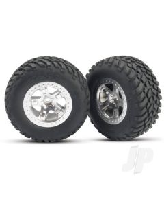 Tyres & wheels, assembled, glued (SCT satin chrome, beadlock style wheels, SCT off-road racing Tyres, foam inserts) (2) (2WD front)