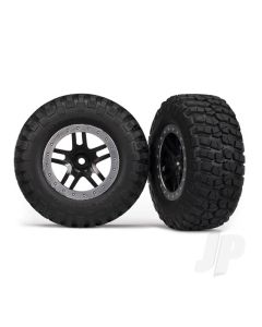 Tyres & wheels, assembled, glued (SCT Split-Spoke, black, satin chrome beadlock wheels, BFGoodrich Mud-Terrain T / A KM2 Tyres, foam inserts) (2) (2WD Front)