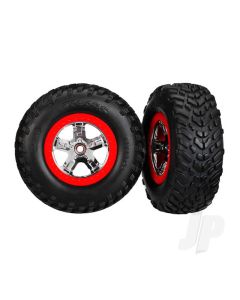 Tyres & wheels, assembled, glued (SCT chrome wheels, red beadlock style, dual profile (2.2" outer, 3.0" inner), SCT off-road racing Tyres, foam inserts) (2) (2wd front)