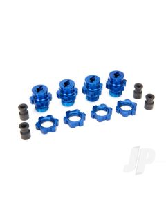 Wheel Hubs, splined, 17mm, Short (4 pcs) / wheel nuts, splined, 17mm (4 pcs) (Blue-anodised) / Hub retainer M4 X 0.7 (4 pcs) / axle pin (4 pcs) / wrench, 5mm