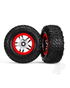 Tyres & wheels, assembled, glued (S1 compound) (SCT Split-Spoke chrome, red beadlock style wheels, dual profile (2.2" outer, 3.0" inner), SCT off-road racing Tyres, foam inserts) (2) (4WD f / r, 2WD rear) (TSM rated)