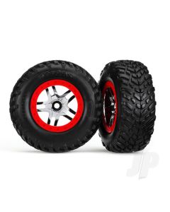Tyres & wheels, assembled, glued (SCT Split-Spoke chrome, red beadlock style wheels, dual profile (2.2" outer, 3.0" inner), SCT off-road racing Tyres, foam inserts) (2) (4WD f / r, 2WD rear) (TSM rated)