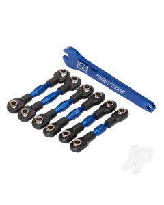 Turnbuckles, aluminium (Blue-anodised), camber links, 32mm (Front) (2 pcs) / camber links, 28mm (Rear) (2 pcs) / toe links, 34mm (2 pcs) / aluminium wrench