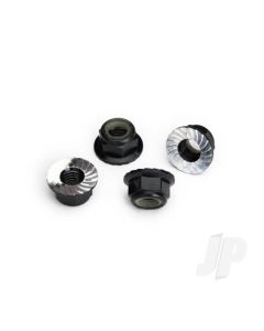 Nuts, 5mm flanged nylon locking (Aluminium, black-anodised, serrated) (4 pcs)