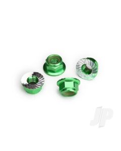 Nuts, 5mm flanged nylon locking (Aluminium, Green-anodised, serrated) (4 pcs)