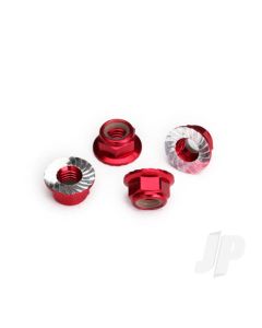 Nuts, 5mm flanged nylon locking (Aluminium, Red-anodised, serrated) (4 pcs)
