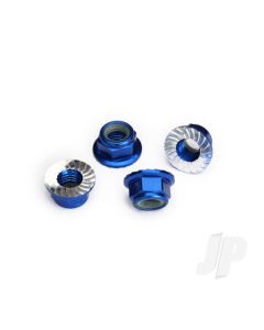 Nuts, 5mm flanged nylon locking (Aluminium, Blue-anodised, serrated) (4 pcs)