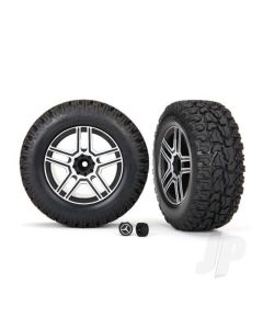 Tyres and wheels, assembled, glued (2.6" black, satin chrome-plated Mercedes-Benz G 500 4x4 wheels, 4.6x2.6" Tyres) (2) / center caps (2) (requires #8255A extended stub axle)