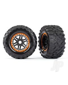 Tyres & wheels, assembled, glued (black, orange beadlock style wheels, Maxx MT Tyres, foam inserts) (2) (17mm splined) (TSM rated)