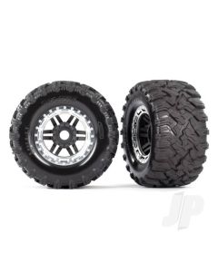 Tyres & wheels, assembled, glued (black, satin chrome beadlock style wheels, Maxx MT Tyres, foam inserts) (2) (17mm splined) (TSM rated)