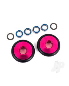 Wheels, wheelie bar, 6061-T6 aluminium (pink-anodised) (2)/ 5x8x2.5mm ball bearings (4)/ o-rings (2)/ 5x8x0.3mm TW (2)